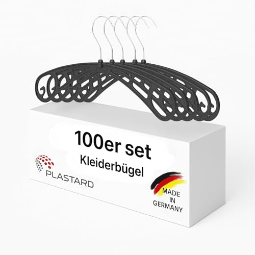 Plastard Kleiderbügel S38 aus Kunststoff 100 Stück, 38 cm lang, 360° drehbarer Metallhaken. schmale 0,8 cm Auflage, platzsparend – Ideal für Hemden, Blusen, Anzüge, Kleider