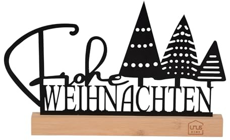 UNUS Aufsteller Frohe Weihnachten mit Tannenbäumen Weihnachtsdeko aus Metall mit Bambusfuß 30x19,5 cm in Schwarz oder Weiß stilvolle Winterdeko für Tisch, Regal oder Fensterbank