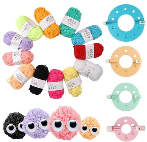 EXIN DEHCEN 4 Größen Pompom Maker aus Kunststoff (3,5/5,5/7/9 cm) | Bommel Maker mit 12 Farben Pompomwolle Einfach zu Bedienen Wiederverwendbar, für DIY-Bastelarbeiten, Kleidung, Dekorationen
