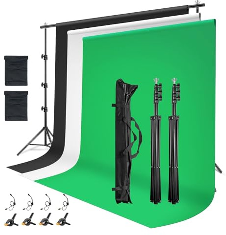 Greenscreen Hintergrund Set 2,6x3m mit Ständer – Fotohintergrundsystem mit 3 Stoffen (Grün, Weiß, Schwarz), höhenverstellbar, 4 Klemmen, 2 Sandsäcke & 4 Seile für Foto & Videoaufnahme (2.6M)