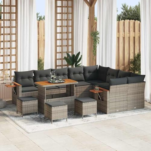 Frdhee Balkon Set Sitzkissen Sofa,Garten-Sofa-Set mit Kissen mit Speicher 13 pcs Grau Poly Rattan,Eckbankgruppe für Innen und Außen