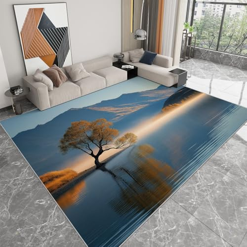 WHUOEUCO Teppich Wohnzimmer Berge Seen Große Bäume 120x180cm Großer Flauschiger Kurzflor Teppich, Waschbarer Moderner rutschfest Teppiche für Esszimmer Küchen Schlafzimmer