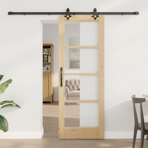 YunCangg Puerta corredera de madera maciza natural con cristal, 73,5 x 198,5 cm, incluye riel y herrajes, para interiores, deslizamiento silencioso, ahorra espacio para pasillo y salón