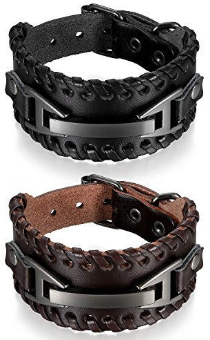 Aroncent 2-er Leder Armband Armreifen für Herren, Verstellbar Breit Herrenarmband Armkette Retro Wickelarmband Surferarmband, Braun Schwarz