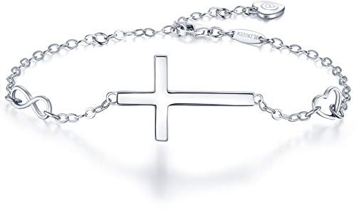 BlingGem Damen Armband aus Weißgold vergoldet 925 Sterling Silber Kreuz Bettelarmband Symbol Armkette Frauen Kette Einstellbar