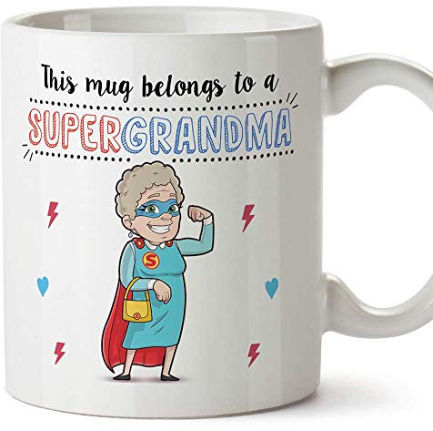 MUGFFINS Mugs for Grandma – This Mug Belongs to a Super Grandma – Coffee Granny Mug for Breakfast Mothering Sunday/Birthday Presents for Grandmothers/Ceramic 11 oz