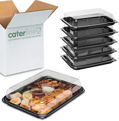 Pack of 10 | Caterline Online Small Rectangle Food Platter Tray Set, Black Tray Base with Clear Lid | Durable Buffet Catering Food/Sandwich Trays (L340mm x W250mm X D70mm With Lids)