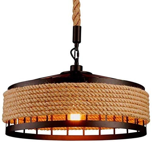 Lumière Au Plafond Retro Industriel Fer Vintage Loft Lustre Vintage Corde Suspension Ceiling Lampe, Rustique Chanvre Corde Fer Chandelier Rond Suspendu Cage De Fer Bars Restaurants Chambre Lumière