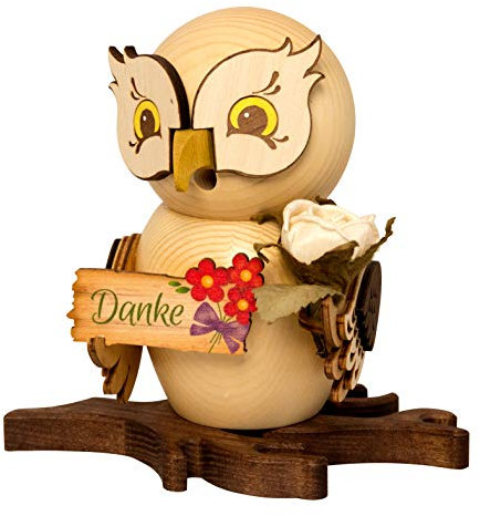 Drechslerei Kuhnert Rauchfigur/Räucherfigur - Eule mit Danke-Schild aus Massivholz - ca. 15 cm - Made in Germany