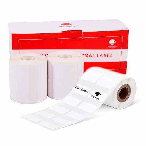 Phomemo 3 Rolls Etikett, selbstklebendes Etikett, 25mm×10mm, kompatibel mit Phommeo M200 M110 M120 M220 M221 Etikettendrucker, geeignet für Büro, Haushalt. 600 Etiketten/Rolle (weißes Etikett)