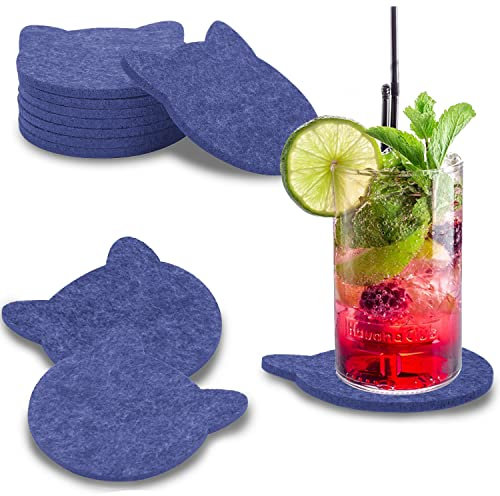 wortek Posavasos de fieltro para vasos, color azul oscuro en forma de gato, juego de 8 posavasos de cristal para bebidas, tazas, bar, cristal, diámetro de 10 cm, posavasos de fieltro lavables