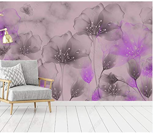 Fototapete 3D Effekt Tapete Lila Graue Kunstblumen 300X210Cm Fototapete Vlies Tapeten Wand Wallpaper Dekoration