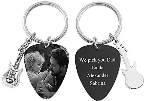 Sunligoo Schlüsselanhänger Gitarre Plektrum mit Gravur - Text und Foto Personalisiert - Geschenk für Vater Mutter Schwester Bruder Geburtstag
