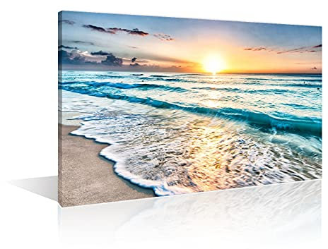 TISHIRON Wall Decorations Beach Sunset Wave For Home Modern Decor Blue Ocean Sea Painting Pictures Print On Canvas Wall Art Wooden Frame Ready To Hang(12X8in)
