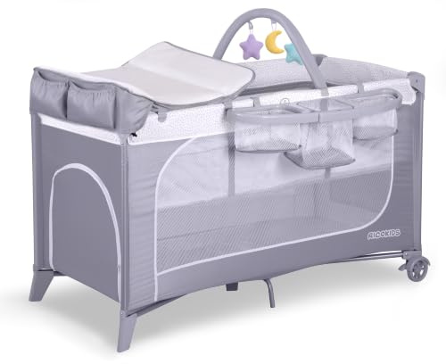 Ricokids Reisebett Baby Mit Matratze 123,5 x 65 x 76 cm Kinderreisebett Babybett Bis 15 kg 2 Räder Mit Bremsen Abnehmbarer Seiteneingang Transporttasche Wiegefunktion Faltbar Kompakt Grau