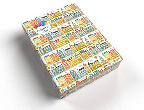 Geschenkpapier Häuser Geschenkverpackung für kleine Geschenke für Geburtstag Weihnachten Hochzeit (5 Bögen + 5 Aufkleber Luftballons + 18 Verschlusspunkte)