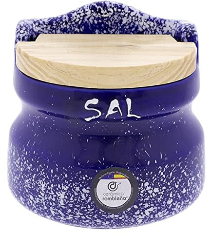 CERÁMICA RAMBLEÑA | Salero cocina | Salero con tapa de madera | Salero cerámica | Salero original | Decoración Modelo 11 | 100% Decorado a Mano