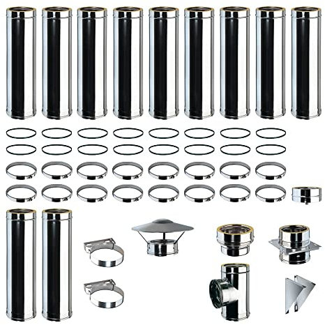 Kit Fumi Diametro 130 con Doppia Parete in Acciaio Inox DW25, Altezza 11,79m, Kit Stufa a Pellet, Canna Fumaria Coibentata Doppia Parete con Lana Di Roccia 130 | Brico Kit