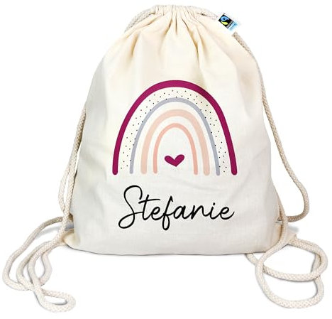 Bio Turnbeutel mit Namen personalisiert & Bedruckt | Motiv Regenbogen | Stoffbeutel Schuhbeutel Sportbeutel Wäschebeutel Rucksack für Kinder Jungen & Mädchen | inkl. NAMENSDRUCK