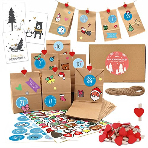 OWLBOOK® Adventskalender zum Befüllen | Adventskalender 2025 Tüten | Weihnachtskalender zum befüllen | 24 Papiertüten mit Aufkleber + Schnur + Klammern | Geschenktüten zu Weihnachten