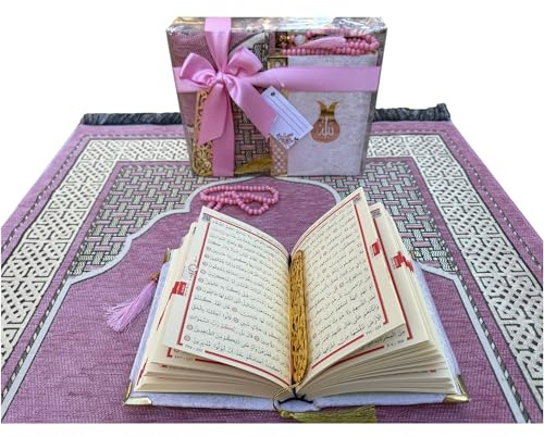 Ensemble cadeau de tapis de prière, Tasbeeh, tapis de prière, arabe sacré, Moshaf, taille du livre 43,2 x 30,5 cm, cadeau islamique, coffret cadeau musulman, Janamaz (rose)