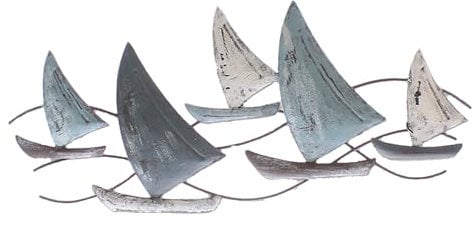 Seaside No.64 - maritimes Wandobjekt in Form von Segelbooten - 5 Kutter/Galeeren in creme, grau und blau aus Metall - Zeitlose Wohndekoration zum Aufhängen in allen Räumen