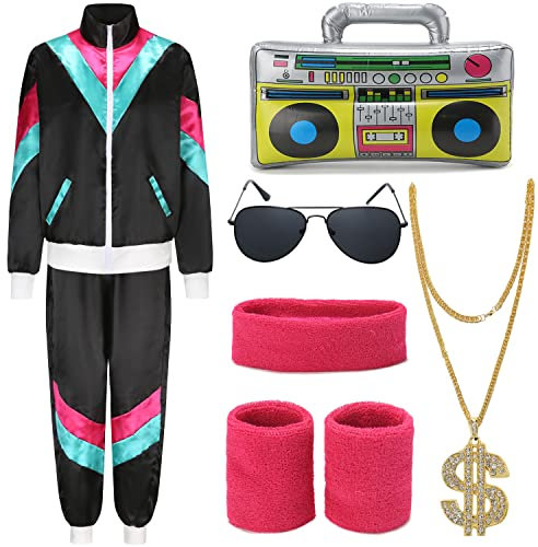 80er Jahre Outfit Herren Damen Kostüm Trainingsanzug Pop Art Retro Stil Kostüm Accessoires set mit Aufblasbares Radio Sonnenbrille Halskette Schweißband set für Mottoparty Fasching Schwarz 15L