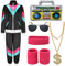 80er Jahre Outfit Herren Damen Kostüm Trainingsanzug Pop Art Retro Stil Kostüm Accessoires set mit Aufblasbares Radio Sonnenbrille Halskette Schweißband set für Mottoparty Fasching Schwarz 15L