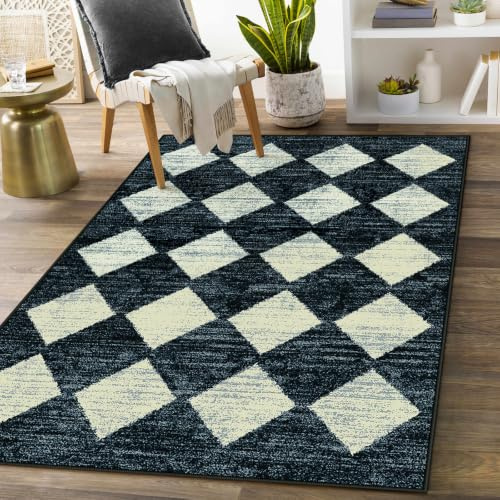 Lahome Moroccan Trellis Area Rug - 3x5 Washable Black Entry Rug Non Slip Living Room Mat, Distressed Lattice Soft Stain Resistance Indoor Throw Carpet for Front Door Foyer Bedroom Bathroom