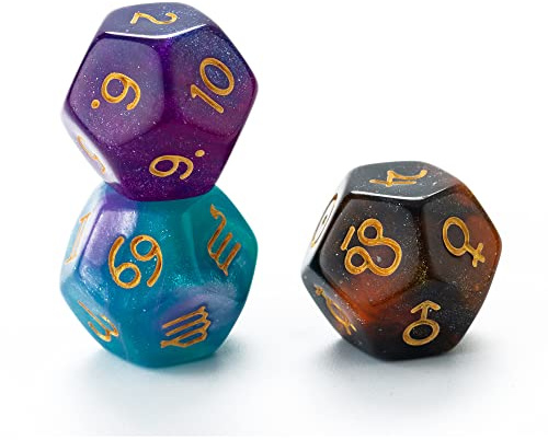 SmartDealsPro Sternzeichen-Würfel für Sternzeichen, 12-seitig, D12, für Sternbild, Tarotkarten, Spielzubehör, 3 Stück (Farbe 4)