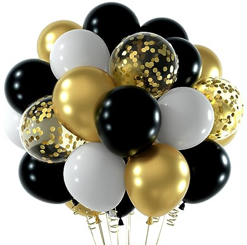 NEBURORA Schwarz und Gold Konfetti Luftballons 60 Stück 12 Zoll Metallic Gold Weiß und Schwarz Konfetti Luftballons mit Bändern für Geburtstagsfeier, Hochzeit,Abschlussfeier,Urlaub,Feiern