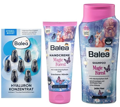 Balea Pflegeset: Hyaluron KONZENTRAT mit Hyaluronsäure für intensive Feuchtigkeit (7 St) + HANDCREME Magic Forest märchenhafter Duft (100 ml) + SHAMPOO Magic Forest geschmeidiges Haar (300 ml), 400 ml