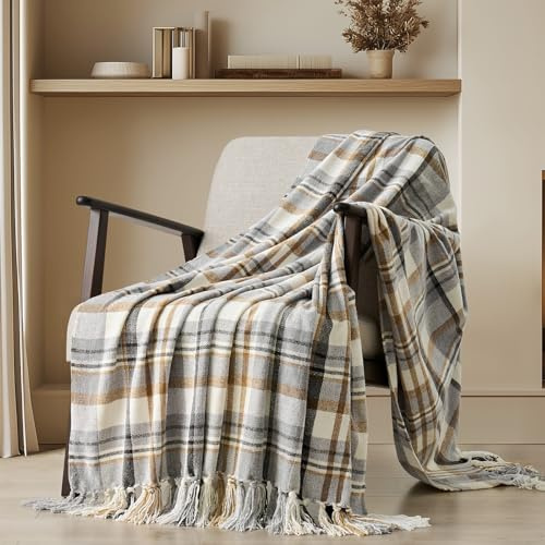 EverGrace Plaid Chenille Knit Throw Blanket, 50x60, Grey & Beige