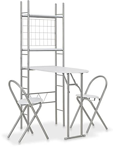 heybb Set Tavolo Sedie Pieghevoli con Scaffale 3pz MDF Acciaio Bianco,Set Tavolo e 2 Sedie Sala da Pranzo Cucina Mobili da Bar Piccoli Spazi Salvaspazio Balcone per 2 Persone e Metallo Sedia Portata