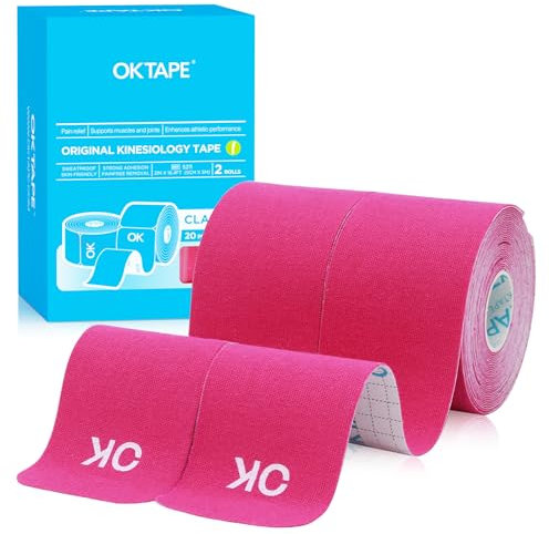 OK TAPE Ruban de kinésiologie pré-découpé de 25 cm de long et 5 cm de large, en coton élastique sans latex, 5cmx5m,2 Rouleaux,Rose
