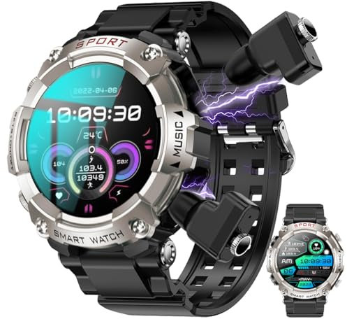 YPSDOOWKJ Smart Watch with Earbuds,1.52 Full Touch Round Screen Fitness Tracker,Headphones Inside SmartWatch for Men and Women,Rugged Military Bluetooth Call(Answer/Calls) Fitness Tracker