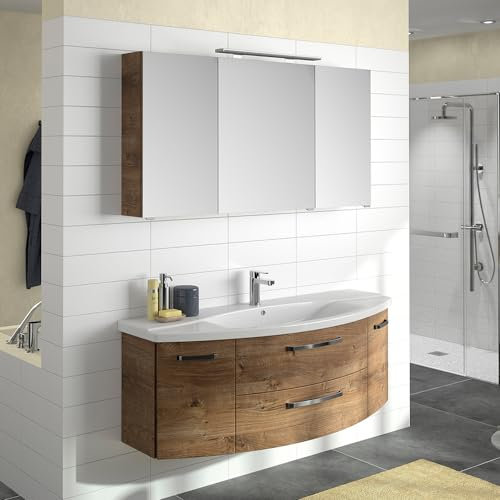 Lomadox Badezimmer Waschplatz Set 2-teilig, 144cm breit, in Eiche Ribbeck | Spiegelschrank mit LED-Aufsatzleuchte, Waschtisch mit Keramikwaschbecken | montiert
