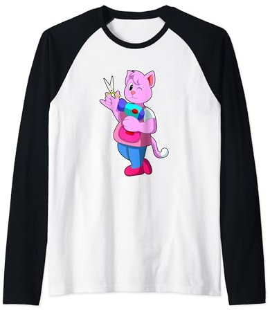 Gato Peluquero Tijeras Camiseta Manga Raglan