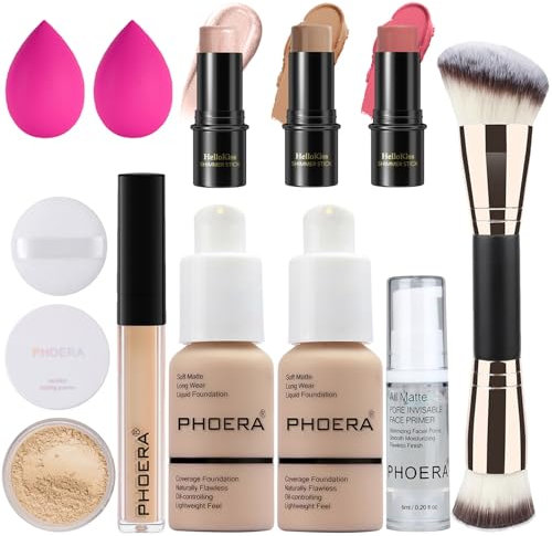 PHOERA Foundation, 3 PCS Contour Makeup Kit With Highlighter, Blush and Bronzer Sticks for Sculpting Cheeks (102+102+ Fair-Light Contour/Nude + Nude+#03,#09,#12)