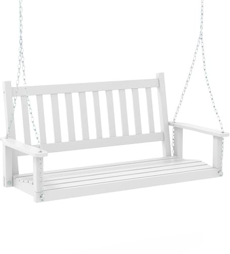 COSTWAY 2/3-Seater Garden Swing Chair, Poplar Wood Swing Bench Loveseat with Adjustable Hanging Chains, Outdoor Hanging Swing Seat Hammock for Patio Garden Yard Tree (White, 136 x 66 x 63cm)