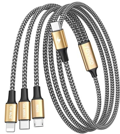 RAVIAD 100W USB C auf Multi USB Kabel [1.2M] 3 in 1 Ladekabel mit E-Mark Chip Schnellladekabel USB C auf USB C[100W]+Micro[10W]+Lightning[27W] für iPhone 15/14, Galaxy S24/S23, MacBook Pro, Pad - Gold