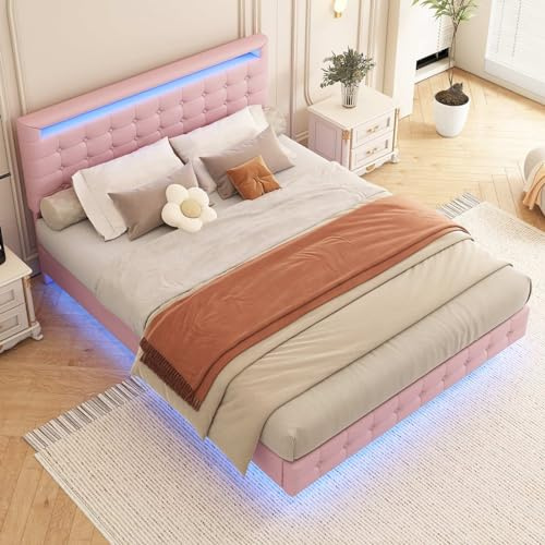 KOMHTOM Lit Double Rembourré avec lumière d'ambiance LED, 140x200cm Lit Plateforme avec Tête de Lit,Conception de la Lévitation, Sommier à Lattes(sans Matelas) (Rose)