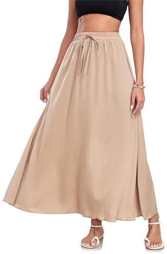 VOGMATE Rock Lang Damen Elegant A Linie Röcke Elastische Taille Freizeitrock Maxirock Mit Kordelzug Einfarbig Long Skirt Khaki M