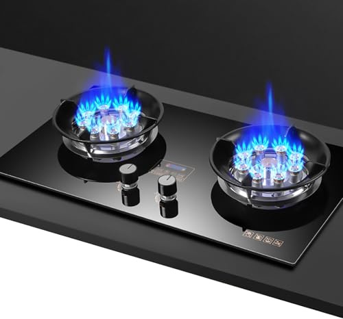 Verre Trempé Gaziniere Gaz - 5.2KW Double Brûleur, Cuisinière À Gaz De Table Et Encastrée, Cuisinière À Gaz À Flamme Réglable, Avec Synchronisation Tactile Intelligente Indépendante(LPG)