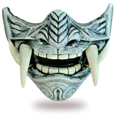 ToyGhillied Halloween Japanische Samurai Prajna Hannya Oni Maske, Latex Halbgesicht Dämonen Gruselige Maske, Dekorative Maske Kostüm Halloween Neuheit Horrormaske Rollenspiel für Erwachsene (Grau)