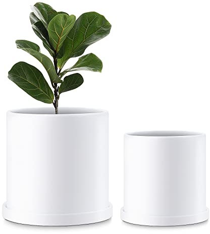 FairyLavie 18+15 CM Plant Pots Indoor, Modern Ceramic Pots Planters with Drainage Hole and Saucers, Flower Pots for Indoor Outdoor Plant, Great for Home Decor, Set of 2