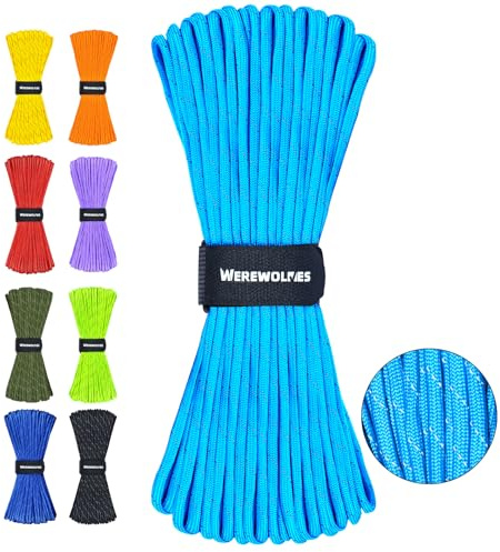 WEREWOLVES Reflective Paracord Rope 100FT, 7 Strand Type III Parachute Cord 4mm Thin Tent Rope for Outdoor Camping Hiking (Lake Blue, 100FT)