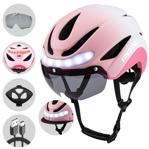 Favoto Casque de Vélo avec Lumière - Casques de Cyclisme pour Homme Femme Adulte avec Lumières Arrières Circonférence Réglable Visière Amovible L 59-61cm Rose