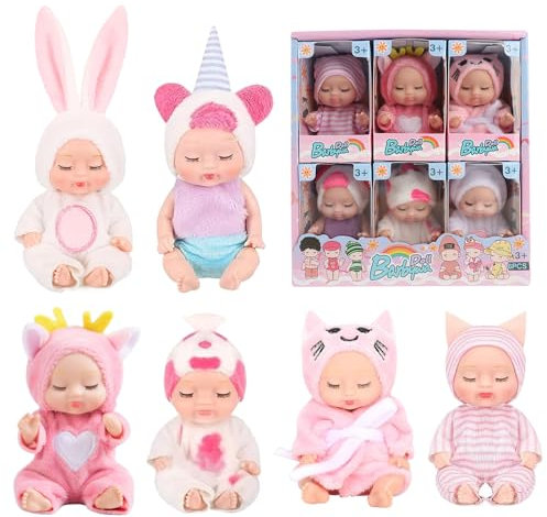 LUFEIS Mini Reborn Dolls, 6 Pcs Realistic Small Baby Dolls Wearing Washable Animal Theme Costume, Sleeping Rebirth Doll, Lifelike Baby Dolls for Girls Toddlers Kids(Pink)