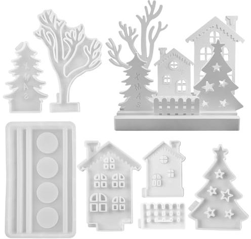 Silikonformen Gießformen Häuser, 7PCS Haus und Baum Mit Sockel, Kerzenhalter, Weihnachten Gießformen Silikon Gips Zum Gießen